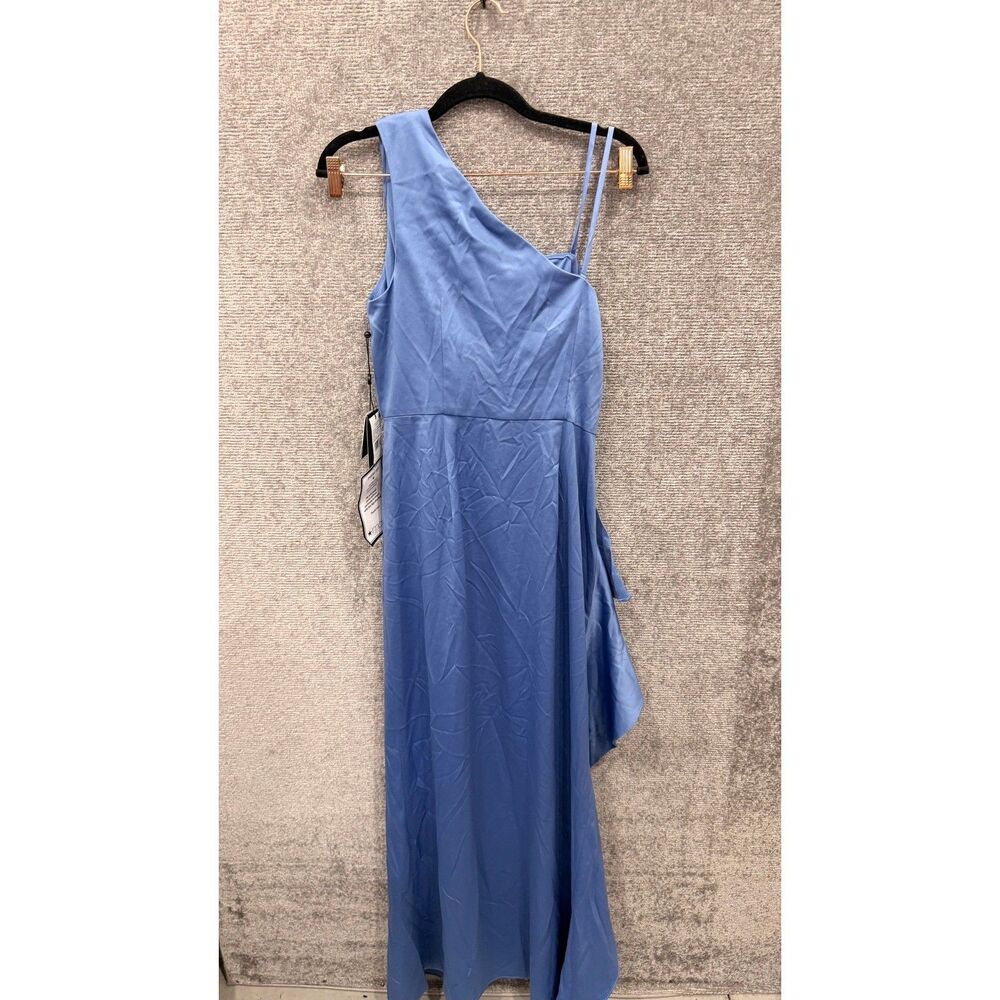 Adrianna Papell Women Gown 6 Blue Satin Crepe One Shoulder Ruffle Side Slit - Picture 6 of 11